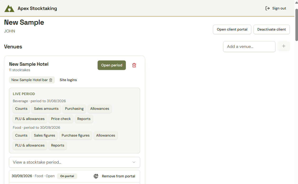 Food and bar stocktaking services in Ireland — the Apex client portal showing beverage and food stocktake periods and report buttons