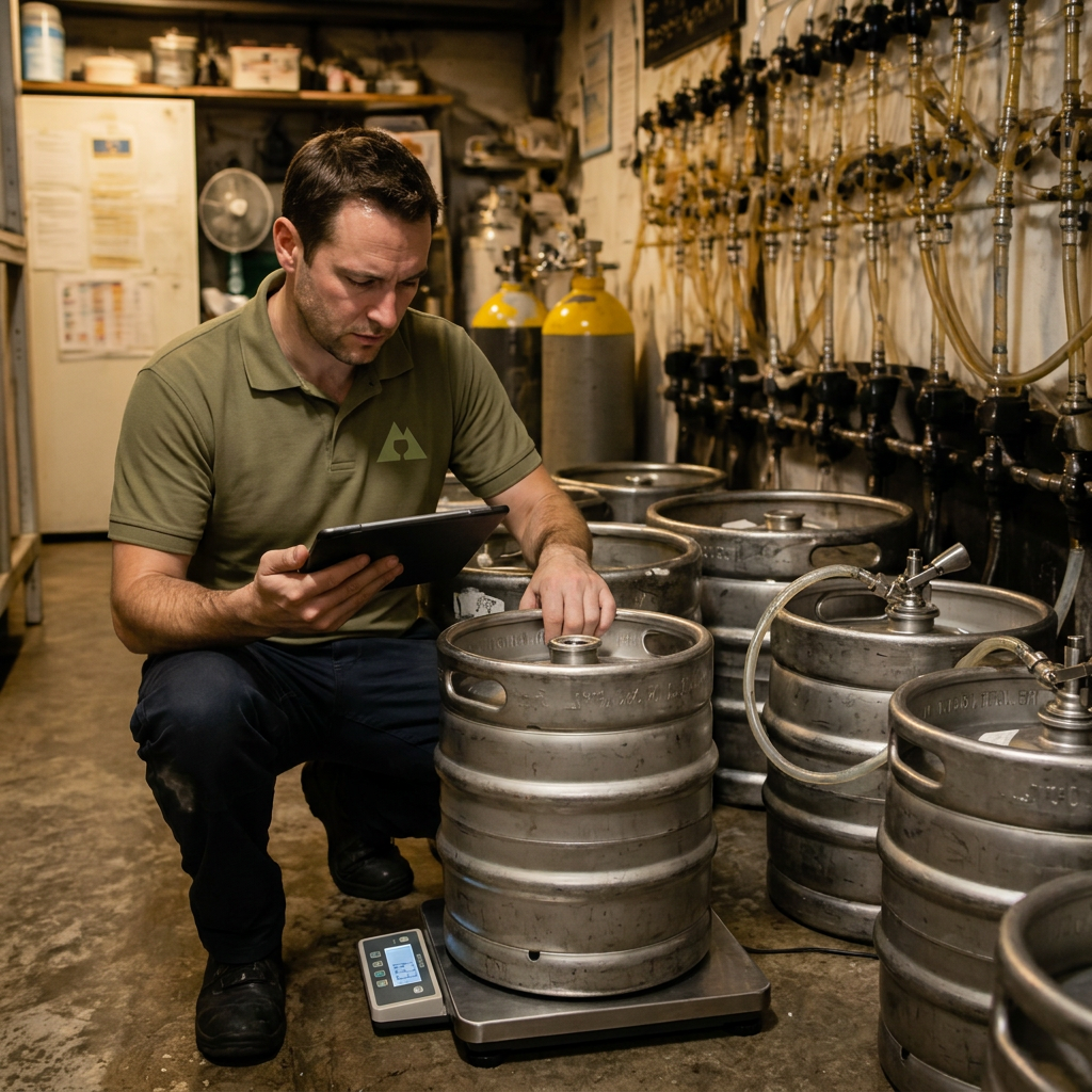 Stocktaker with beer kegs during a bar stock take in an Irish pub cellar